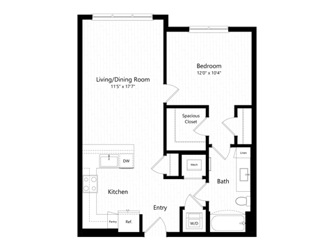 Floor plan for 1 bed, 1 bath, 704 sqft